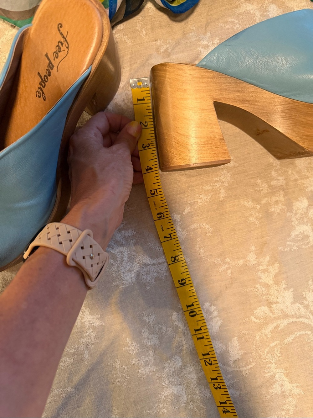 Free People Sky Blue Leather Slide Clogs with Wooden Block Heel, Size 39 - Picture 11 of 11